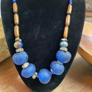 Very interesting blue African glass beaded necklace with glazed glass beads